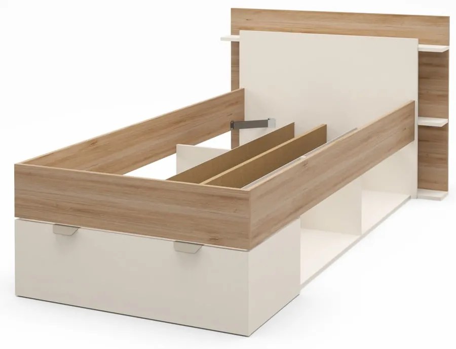 Бяло-естествено единично легло 90x200 cm от декор от дъб с място за съхранение без ламелно дъно Albo – Marckeric