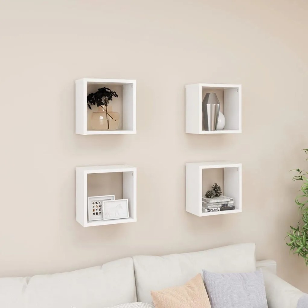 807026 vidaXL Стенни кубични рафтове, 4 бр, бели, 26x15x26 см
