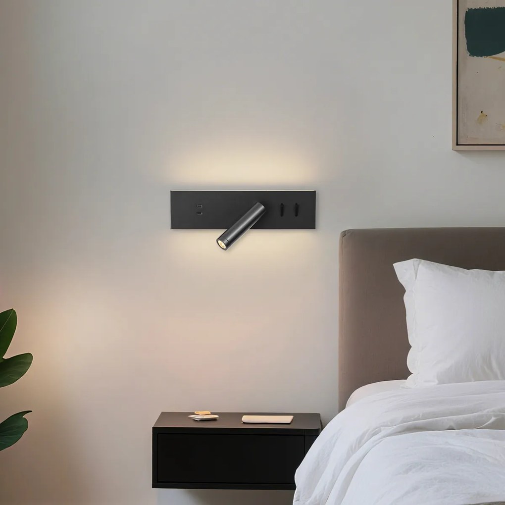Модерна стенна лампа черна регулируема с USB-C вкл. LED - Modric