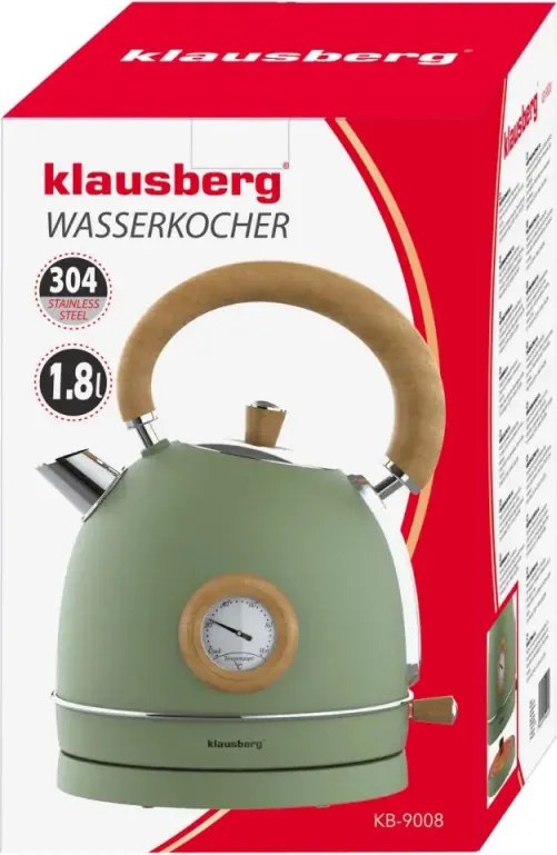 Електрическа кана-чайник Klausberg KB 9008, 2200W, 1.8 л, 360° основа, Индикатор ниво вода, Термометър, Зелен