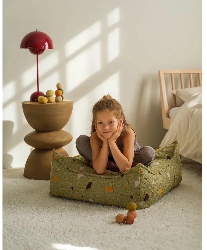 Зелен детски пуф от букле и шенил Terrazzo Square – Wigiwama