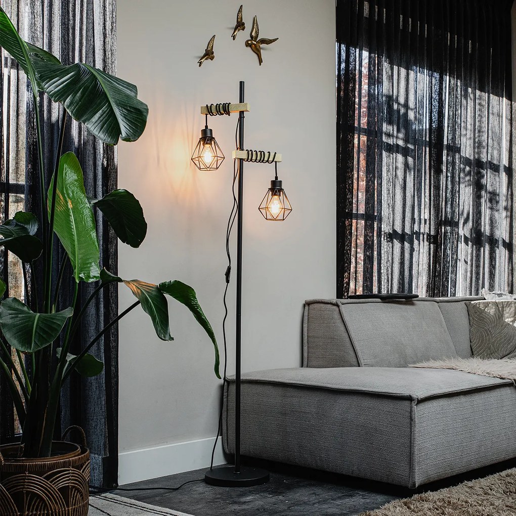 Рустикална подова лампа черна с дърво 2-светлина - Chon