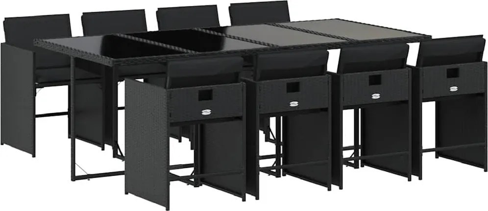 3211099 vidaXL Градински трапезен комплект възглавници 9 части черен полиратан