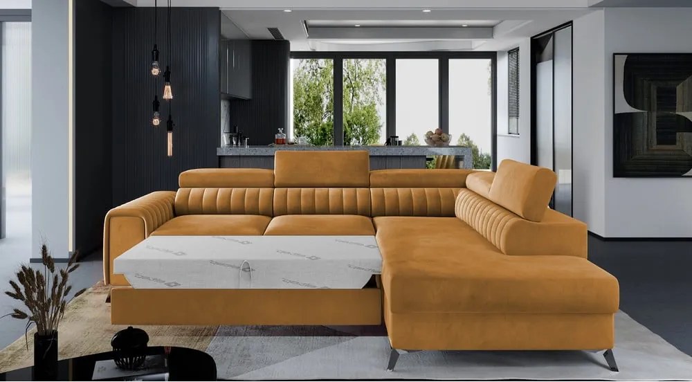 Жълт кадифен разтегателен ъглов диван с място за съхранение (десен ъгъл L форма) Laurence – ELTAP