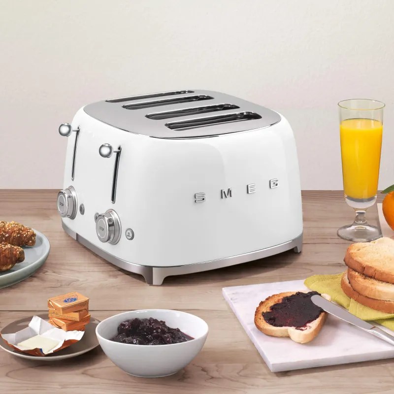 Тостер за хляб SMEG 50's Style TSF03WHEU, 2000W, 4 филии, 6 нива, Тавичка за трохи, Вграден кабел, Неръждаема стомана, Бял