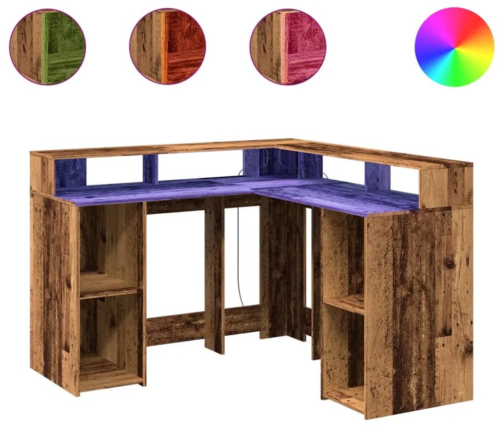 3309454 vidaXL Бюро с LED осветление старо дърво 130x130x91 см инженерно дърво
