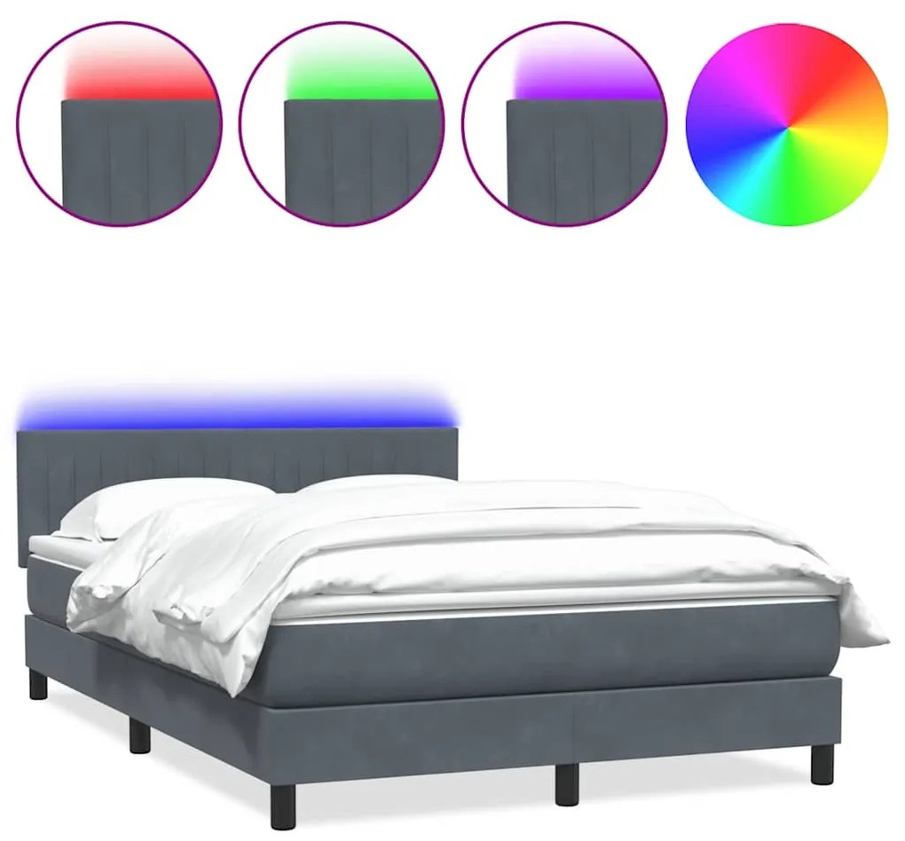 3317122 vidaXL Боксспринг легло с матрак и LED, тъмносиво, 140x220 см, кадифе