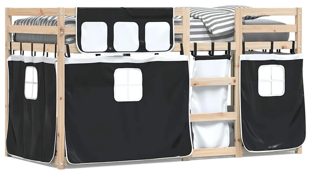 3283937 vidaXL Двуетажно легло със завеси, бяло и черно, 90x190 см, бор масив