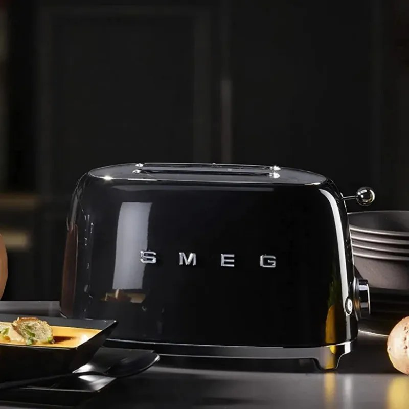 Тостер за хляб SMEG 50's Style TSF01BLEU, 950W, 2 филии, 6 нива, Тавичка за трохи, Вграден кабел, Неръждаема стомана, Черен