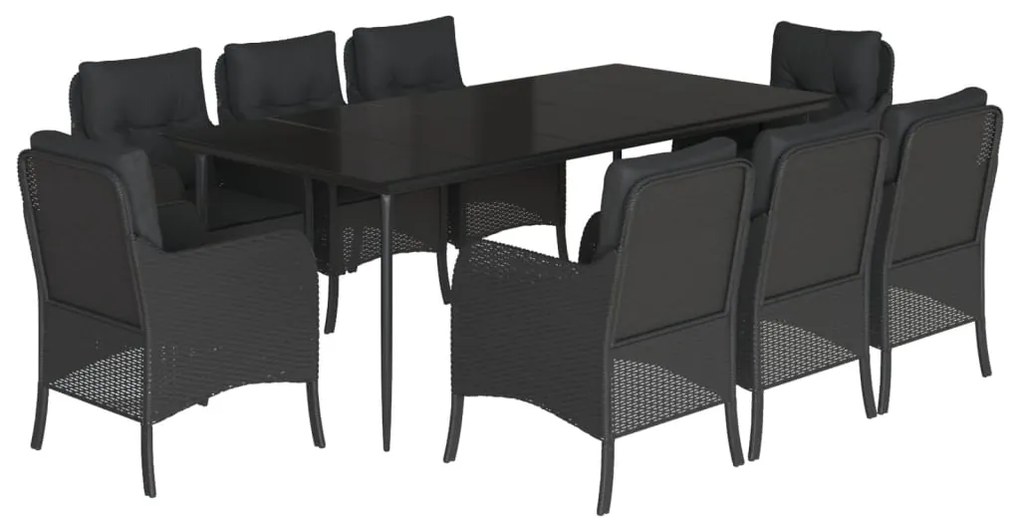 3211926 vidaXL Градински трапезен комплект възглавници 9 части черен полиратан