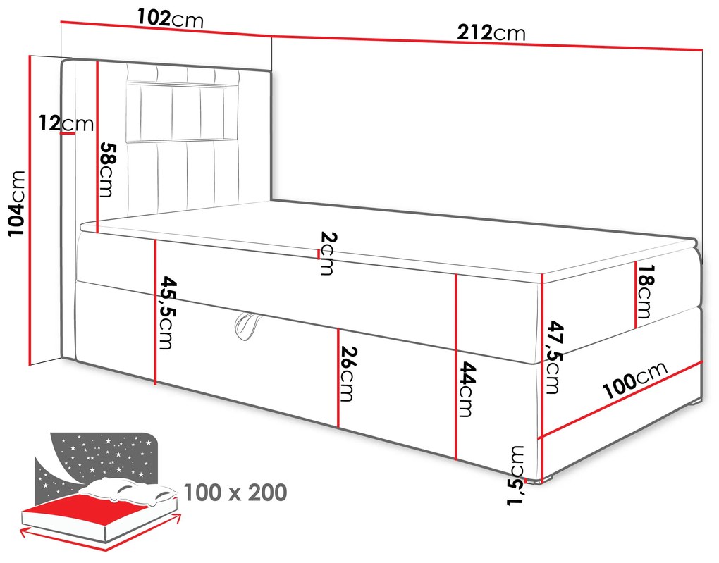 Тапицирано легло Junior Gold I-Kokkino-100 x 200-Deksia