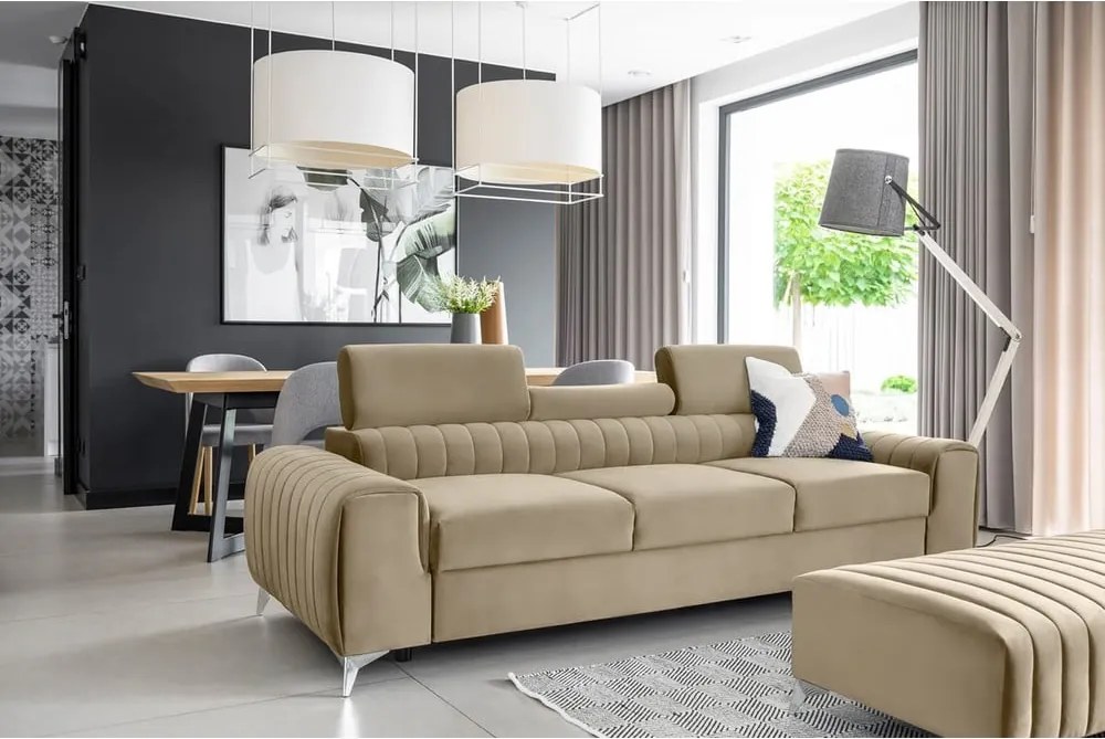 Светлокафяв кадифен разтегателен диван 261 cm Laurence – ELTAP