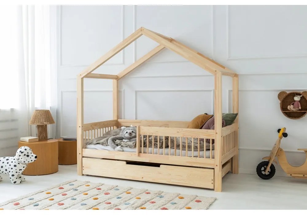 Разтегателно детско легло къща от масивен бор с място за съхранение в естествен цвят 90x190 cm Mila RMW – Adeko