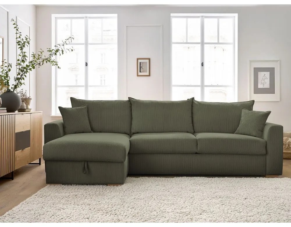 Зелен разтегателен ъглов диван от рипсено кадифе (променлив) Augustin – Bobochic Paris