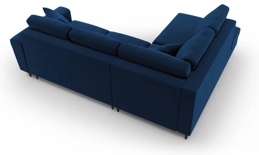 Син кадифен разтегателен ъглов диван с място за съхранение (ляв ъгъл/L форма) Kyoto – Cosmopolitan Design