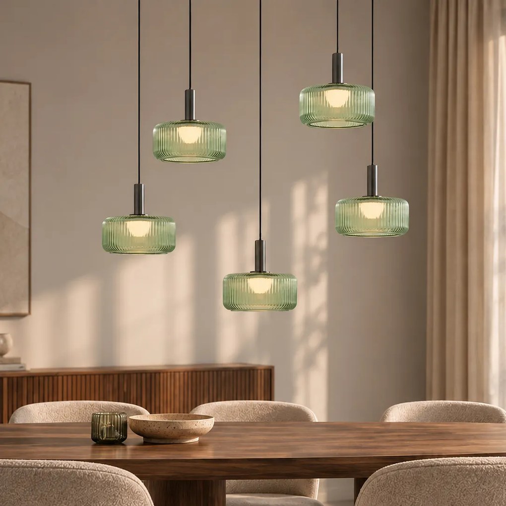 Fiera Designer Pendant Lamp: Gunmetal Finish with Green Glass, Integrated LED, 3-Step Dimmable, 5-Light Easylift