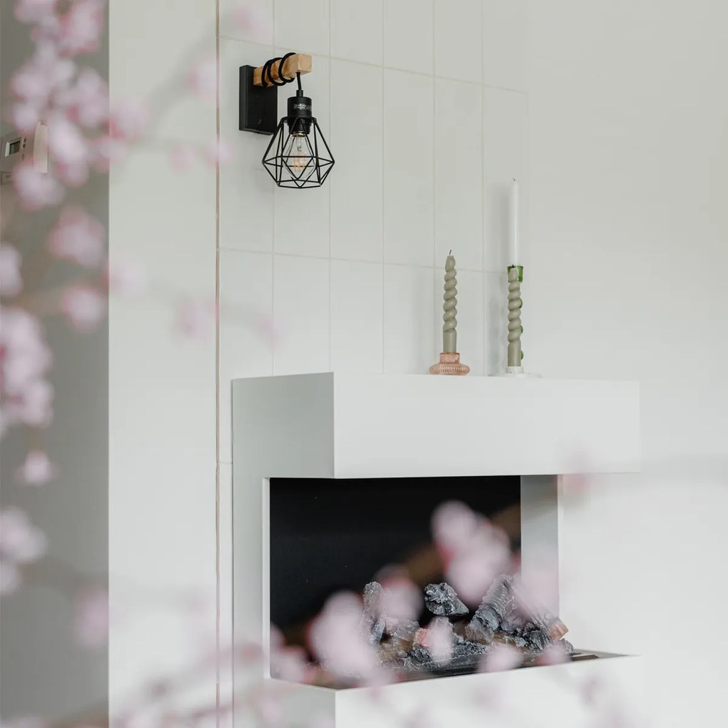 Рустикална стенна лампа черна с дърво - Chon