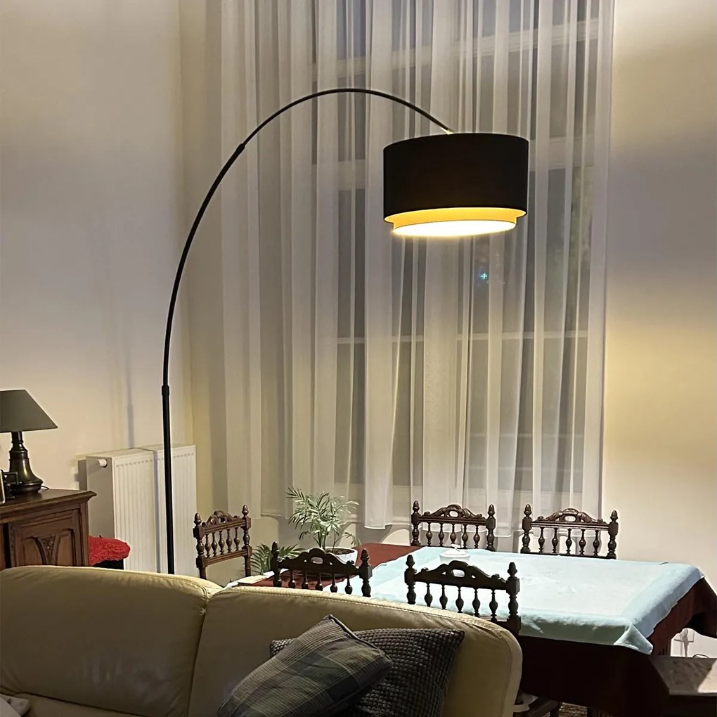 Модерна дъгова подова лампа черна с двоен абажур черен със злато - XXL