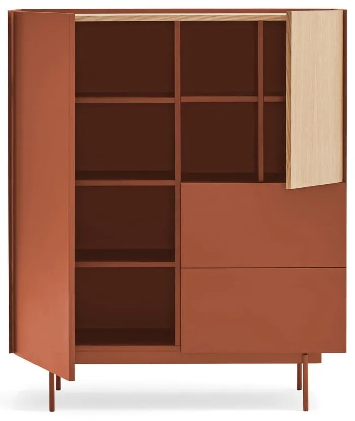 Висок скрин с чекмеджета в цвят тухла и естествен дъб 100x120 cm Otto - Teulat