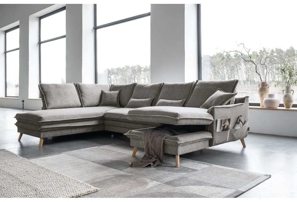 Сив разтегателен ъглов диван (ляв ъгъл/"U" форма) Charming Charlie – Miuform