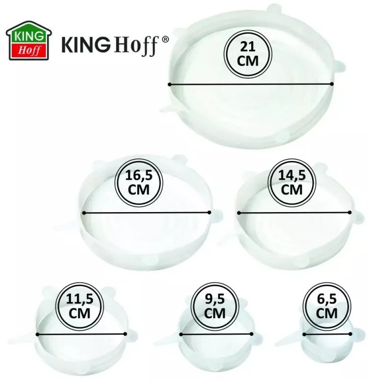 Комплект 6 бр. силиконови капаци Kinghoff KH 1902, -40 до 230°C, Плътно и херметично прилепване, Многократна употреба, Универсални, Прозрачен