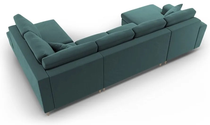 Кадифен разтегателен ъглов диван с място за съхранение в петролен цвят (десен ъгъл/U форма) Kyoto – Cosmopolitan Design