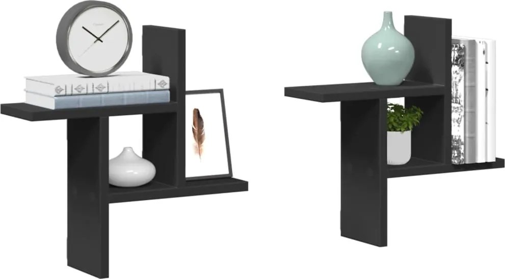 853246 vidaXL Стенни рафтове, 2 бр, черни, 38x12x38 см, инженерно дърво