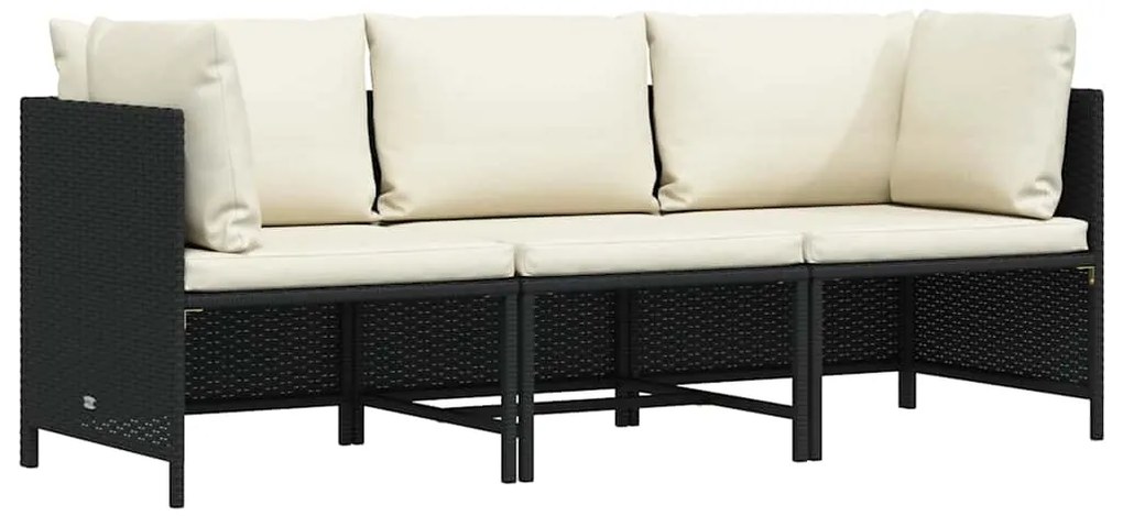 313513 vidaXL 3-местен градински диван с възглавници, черен полиратан