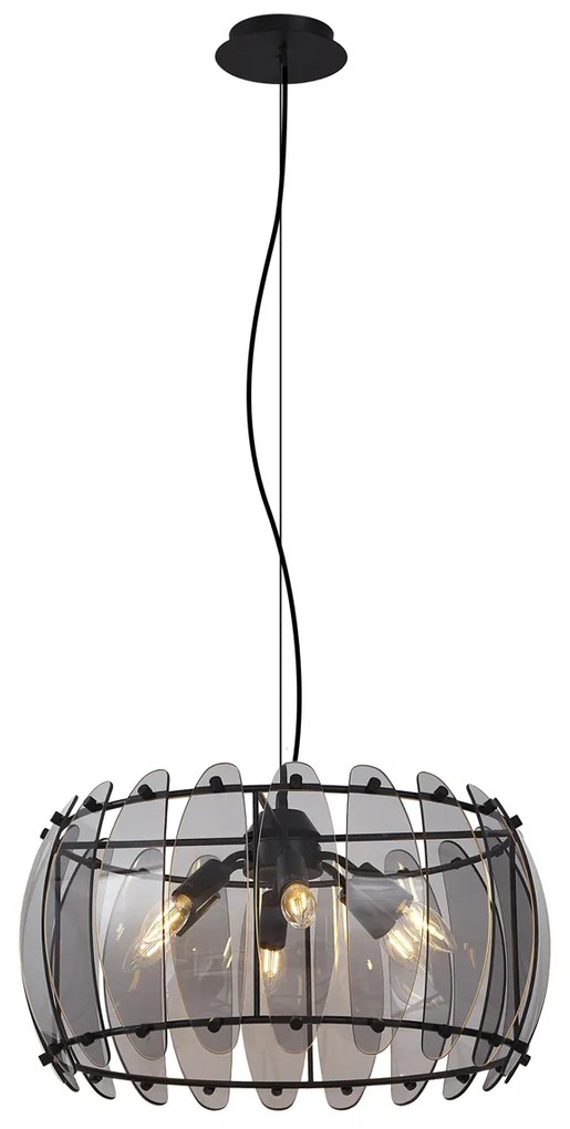 Smart hanglamp zwart met smoke glas rond 6-lichts incl. Wifi C35 - Mochan