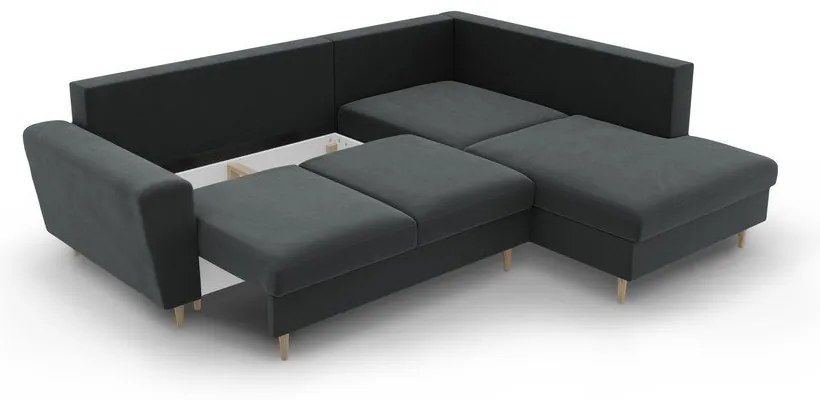Тъмносив кадифен разтегателен ъглов диван с място за съхранение (десен ъгъл/L форма) Kyoto – Cosmopolitan Design