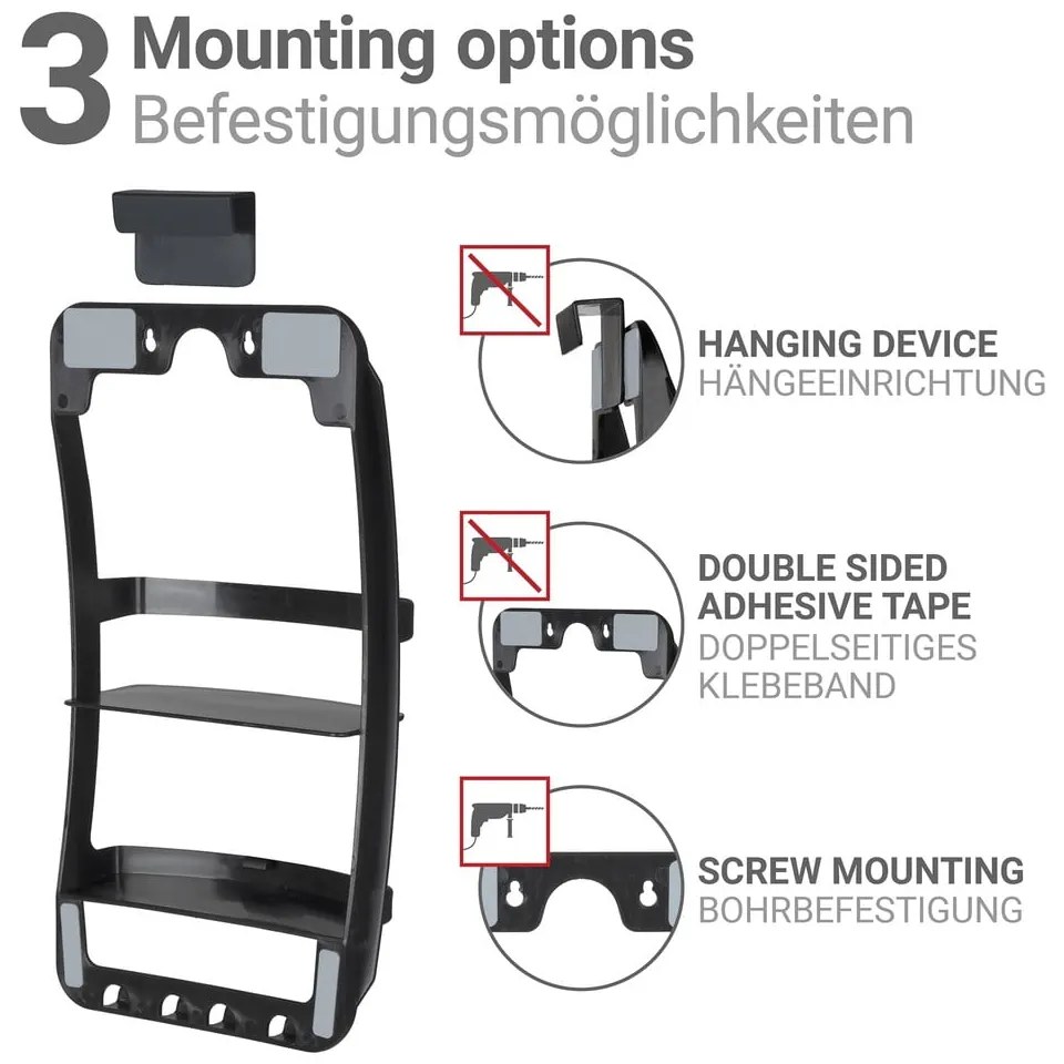 Черен висящ пластмасов рафт за баня без пробиване Universal – Wenko