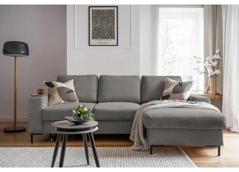 Сив разтегателен ъглов диван от рипсено кадифе (десен ъгъл) Lofty Lilly – Miuform