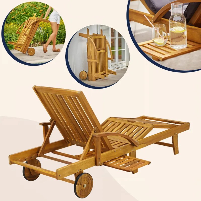 Градински шезлонг с колела и издърпваща се масичка 195,5 x 69 x 85 cm