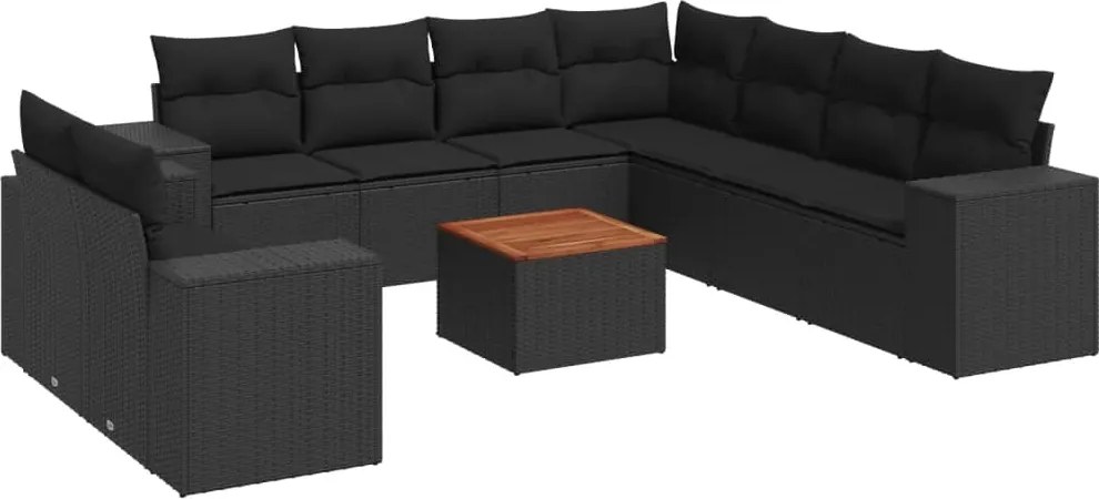 3257840 vidaXL Градински комплект диван с възглавници 10 части черен полиратан