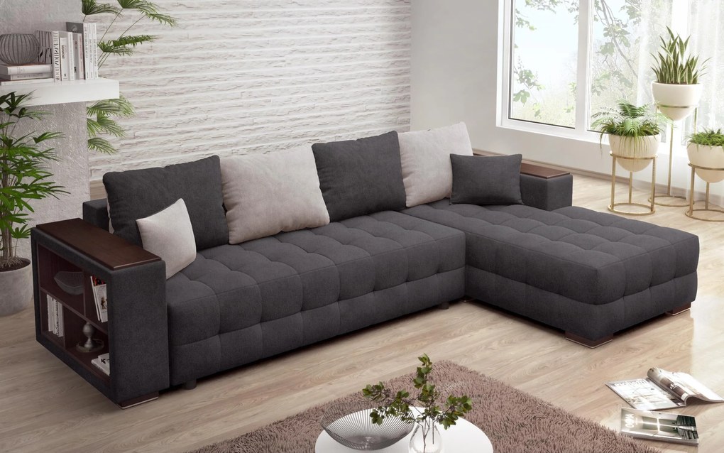 Разтегателен ъглов диван с подлакътник етажерка Мелвин Спринг