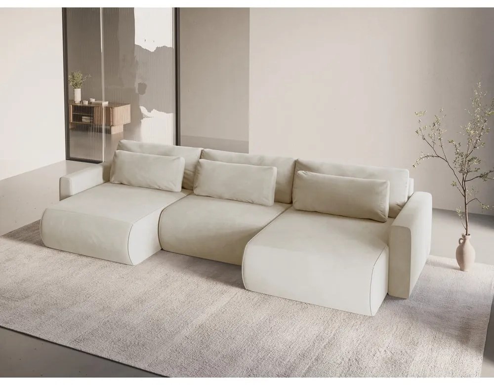 Бежов кадифен разтегателен ъглов диван с място за съхранение (U форма) Belfast – Cosmopolitan Design