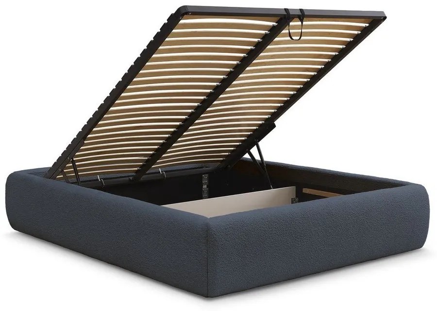 Тъмносиньо тапицирано двойно легло без табла с място за съхранение и включена подматрачна рамка 160x200 cm Inera – Bobochic Paris