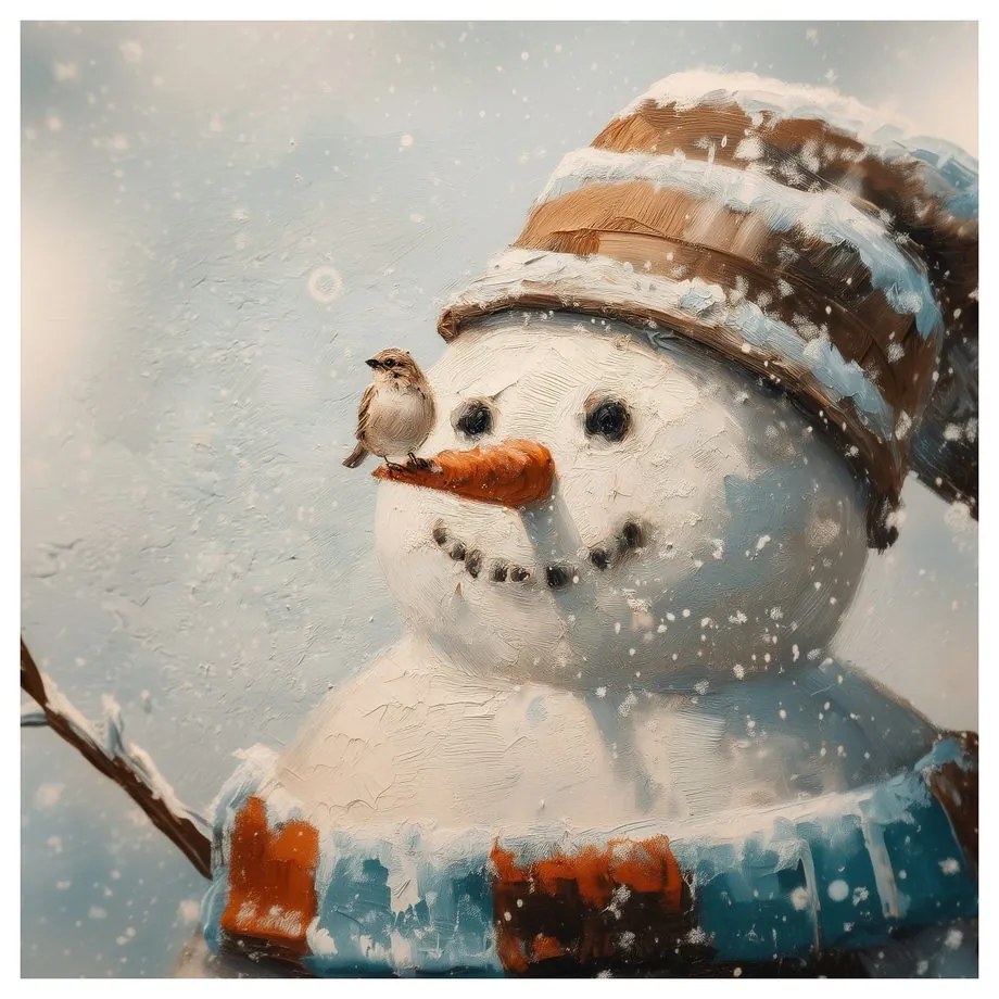 Картина на платно Коледна – Снежен човек и приятел врабче