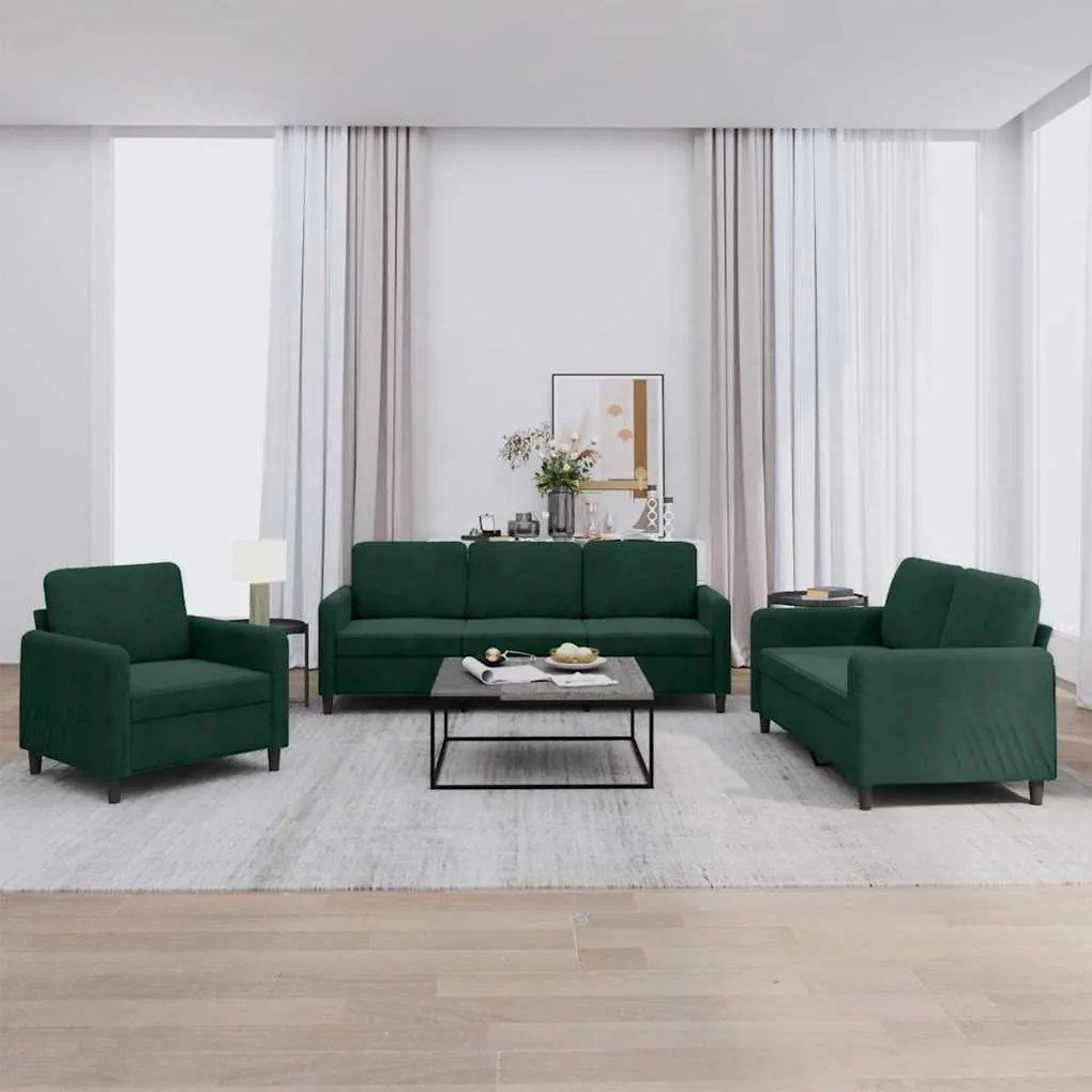 3201936 vidaXL Комплект дивани от 3 части, тъмнозелен, кадифе