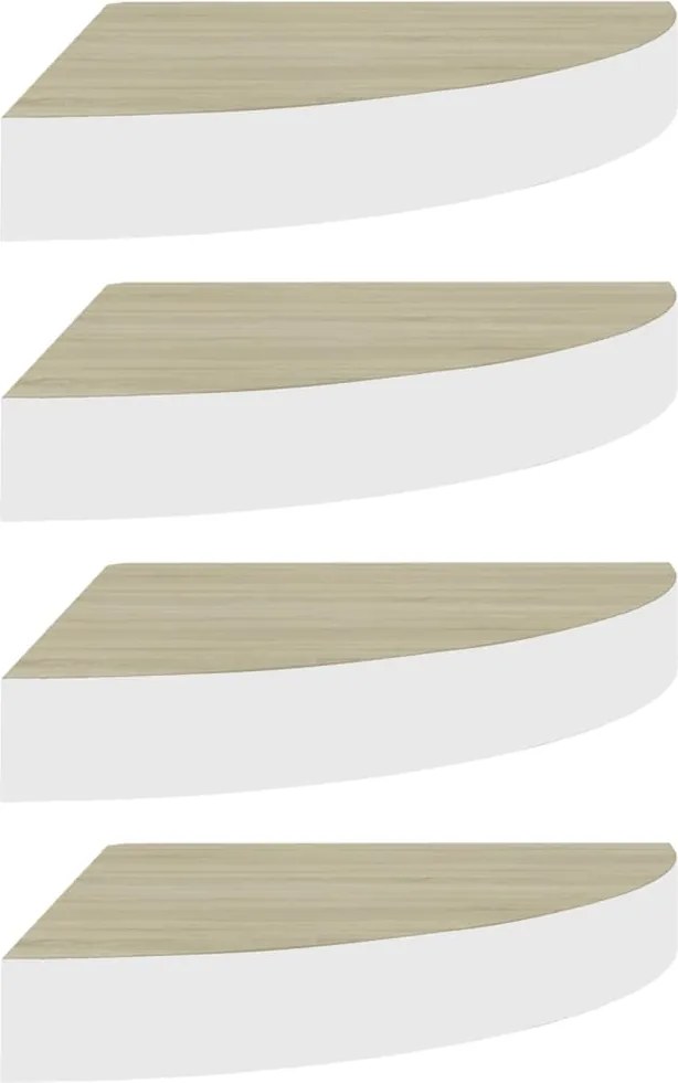 326632 vidaXL Стенни ъглови рафтове, 4 бр, дъб и бяло, 25x25x3,8 см, МДФ