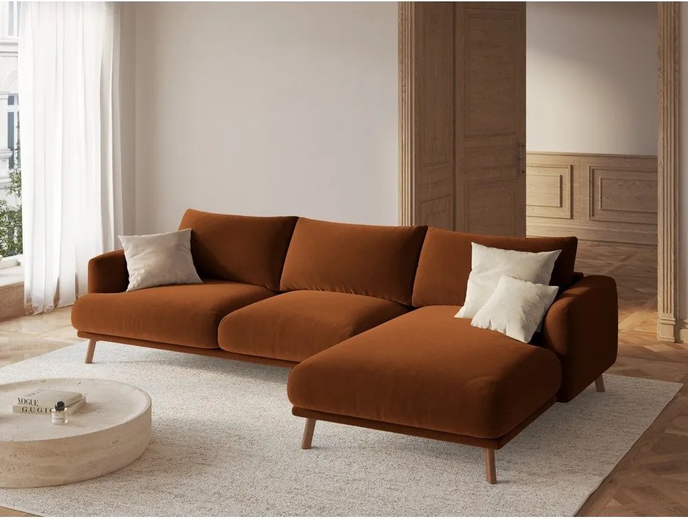 Теракотен кадифен ъглов диван (десен ъгъл) Naomi – Micadoni