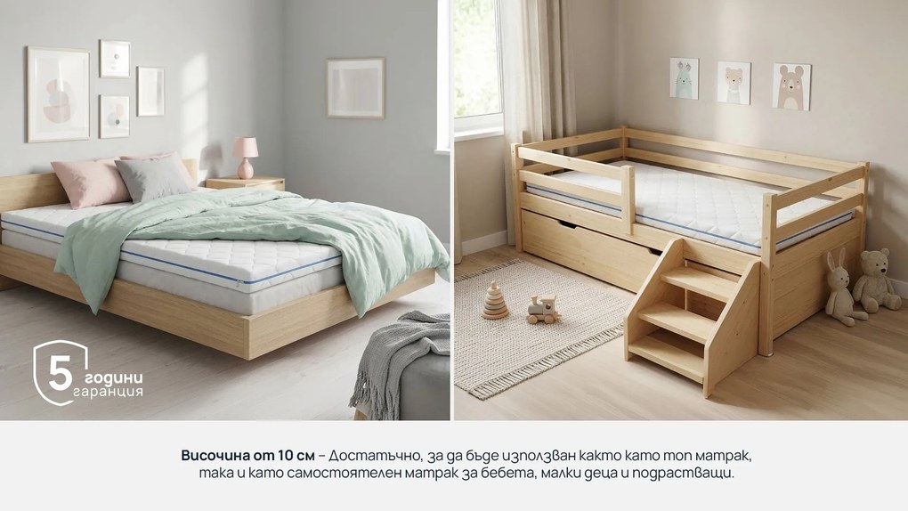 Топ матрак Sleepy, 2 в 1 Maximus10 см - РАЗОПАКОВАН, 144x190x10, Среден към твърд, Eластична пяна