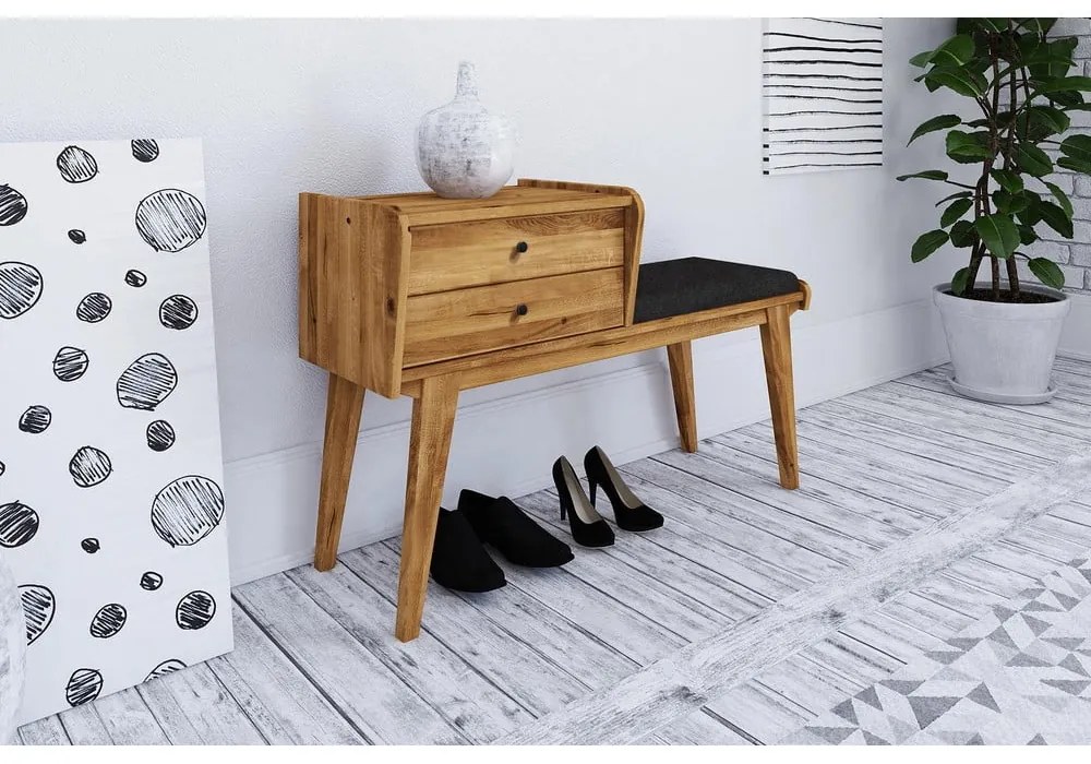 Пейка с чекмеджета от дъбова дървесина със сива седалка Retro - The Beds