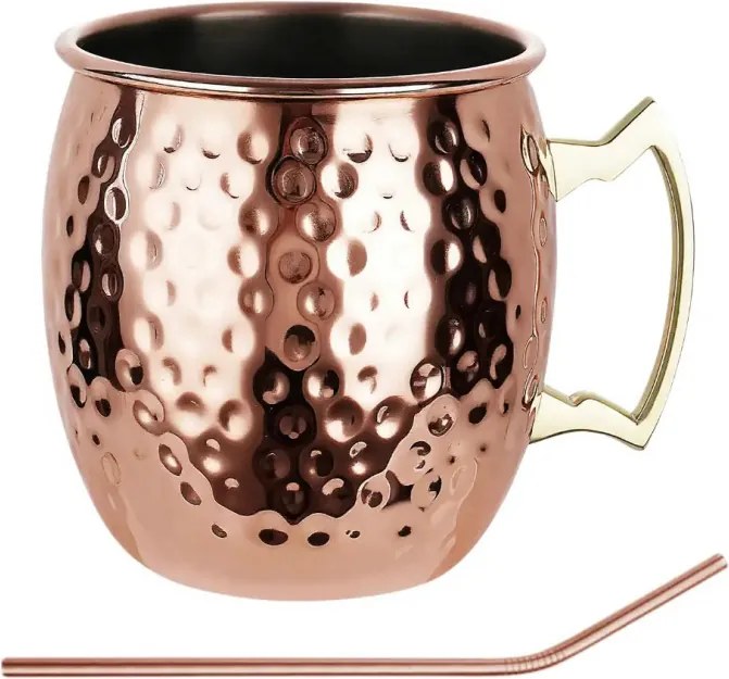 Комплект чаши за Moscow Mule Kinghoff KH 2000, 2 бр, 500мл, 2 сламки, Неръждаема стомана, Меден цвят
