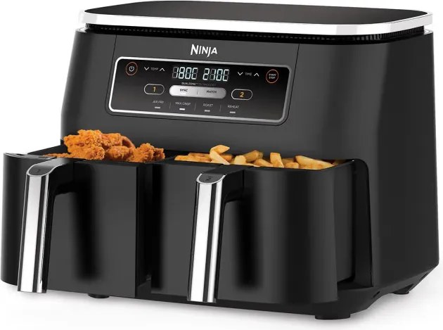Двоен фритюрник с горещ въздух Ninja Foodi Dual Zone AF200EU, 2400W, Независими зони за готвене, 7.6 л, 4 програми, 100-240°C, Max Crisp, Sync, Черен
