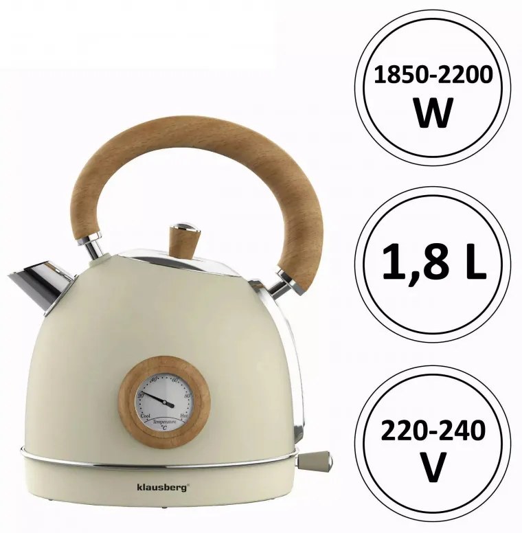 Електрическа кана с термометър Klausberg KB 7906, 2200W, 1.8 л, Индикатор за нивото на водата, Защита от прегряване, Крема