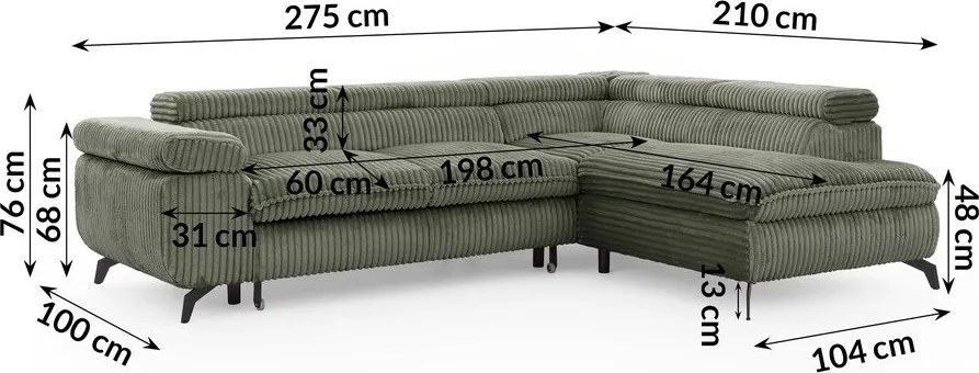 Зелен ъглов диван от рипсено кадифе (десен ъгъл L форма) Marbeya – Ropez