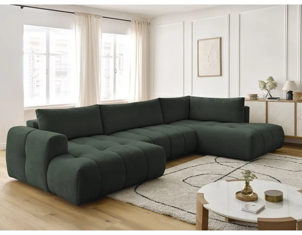 Зелен сгъваем/с място за съхранение ъглов диван (десен ъгъл/U форма) Fuji – Bobochic Paris