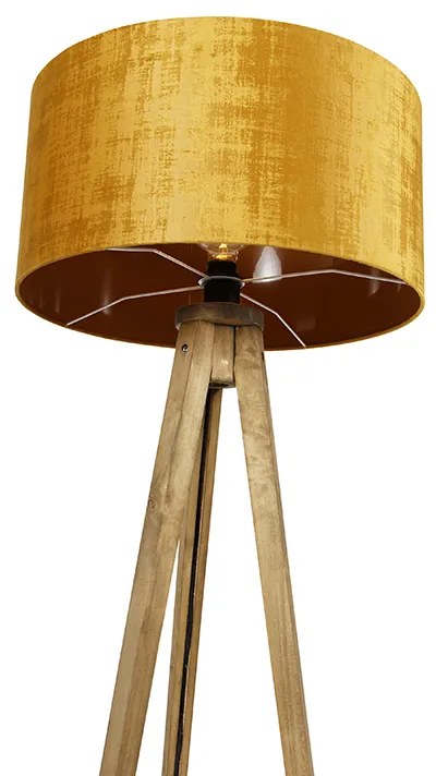 Рустик триножник винтидж дърво със златист абажур 50 см - Tripod Classic
