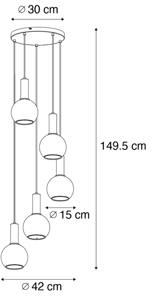 Висяща лампа в стил Арт Деко черна с опушено стъкло кръгла 5-лампова - Josje